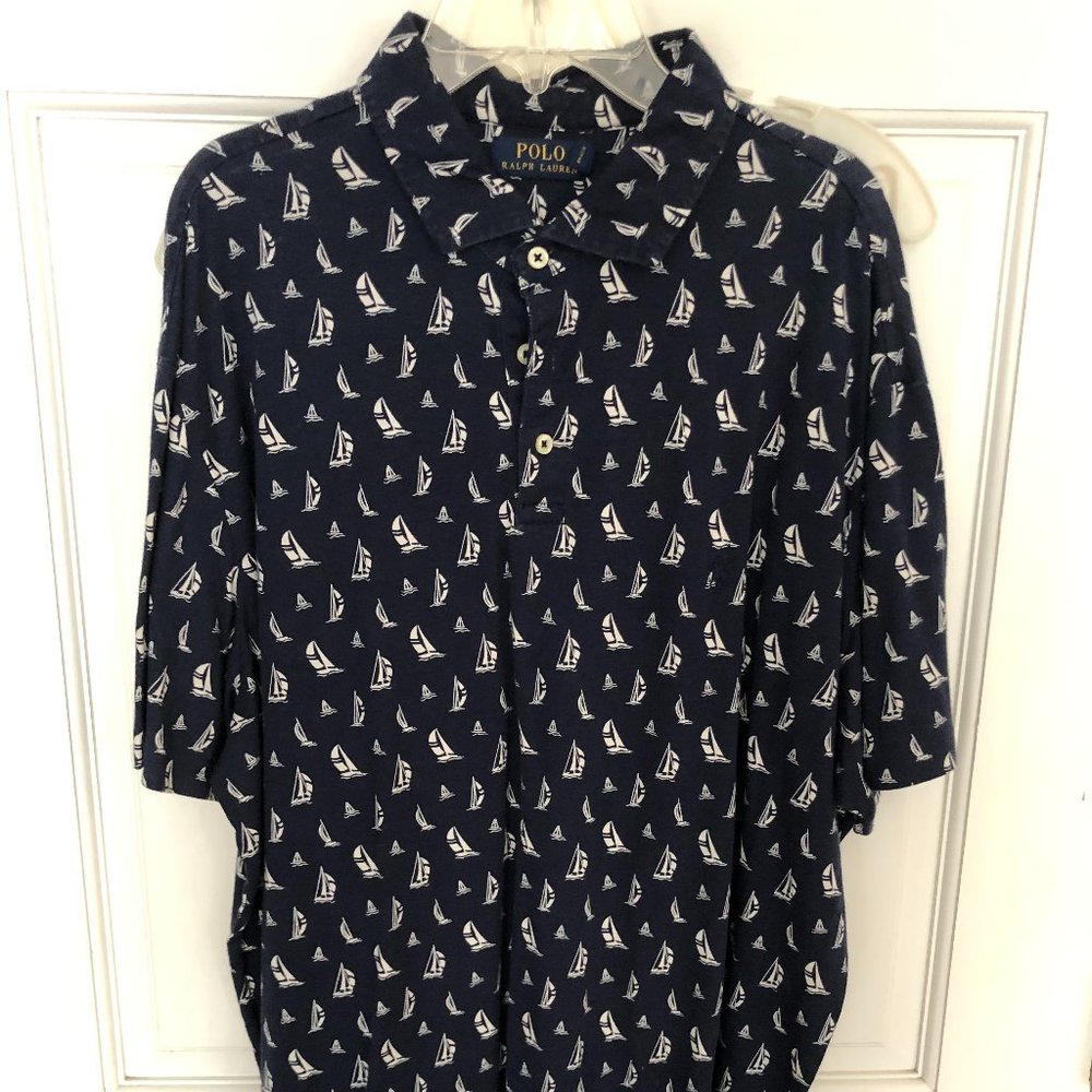Ralph Lauren Navy Blue Sailboat pattern polo